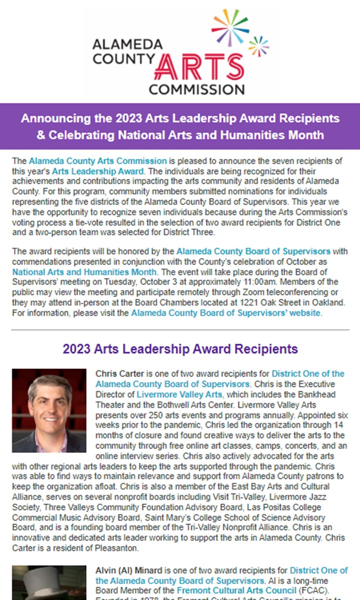 Screenshot of Arts Leadership Awards Program 2023 Newsletter first page.