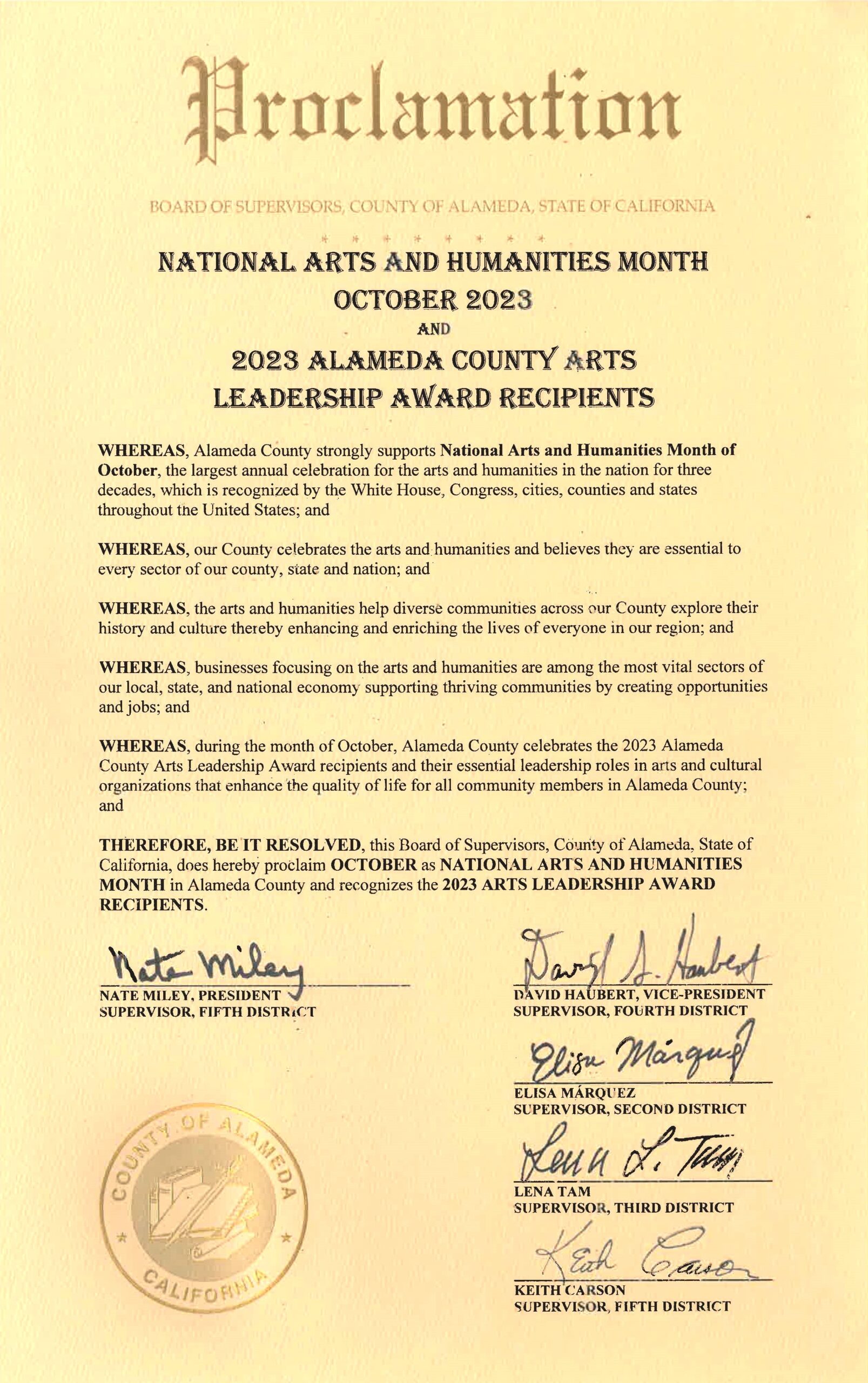 Photograph of Proclamation by Alameda County Board of Supervisors